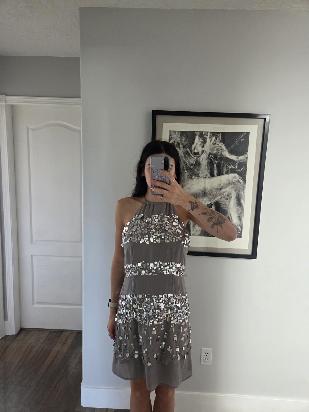 Silver Sequin Halter Midi Dress in Gray